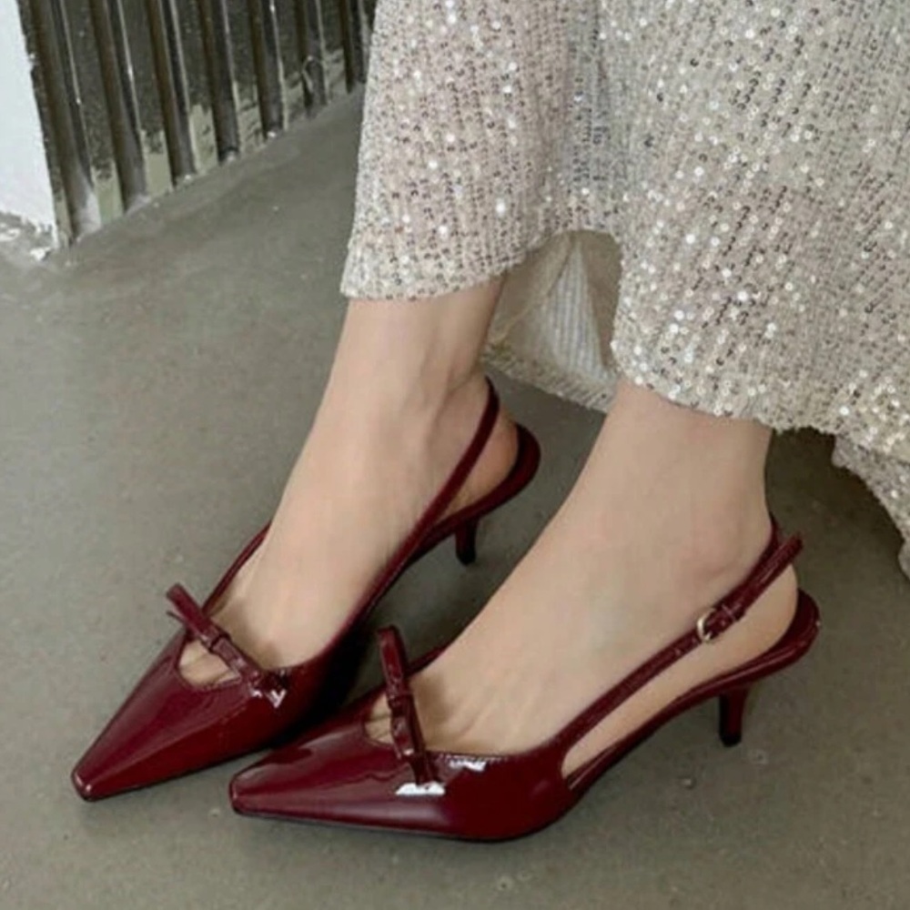 Burgundy dark red patent bow detail slingback heels - Picture 3 of 4